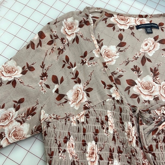 AMERICAN EAGLE Peasant Blush Pink/Wine Floral Smock Long SLV Boho/Cottage Top L - Picture 8 of 16
